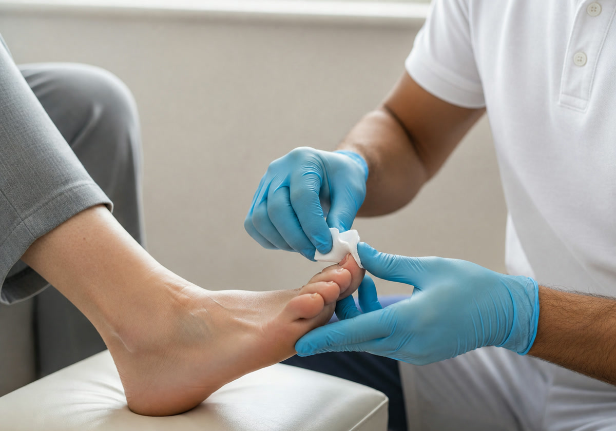 Ian gently assessing a sore big toenail during a home visit